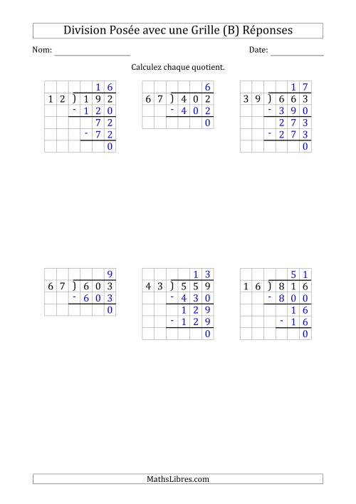 Division Posée d'un Nombre à 3 Chiffres par un Nombre à 2 Chiffres Avec l'Aide d'une Grille et SANS Restes (B) page 2