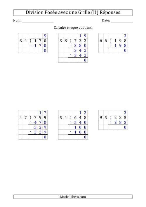 Division Posée d'un Nombre à 3 Chiffres par un Nombre à 2 Chiffres Avec l'Aide d'une Grille et SANS Restes (H) page 2