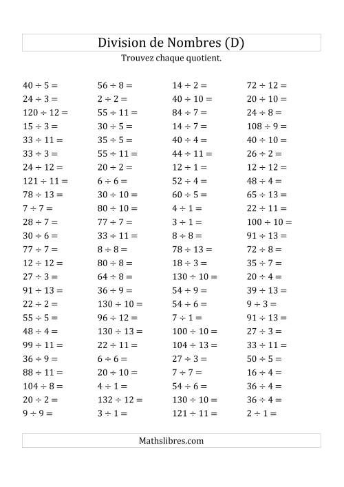 Division de Nombres Jusqu'à 169 (D)