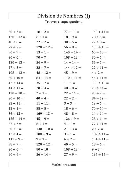 Division de Nombres Jusqu'à 196 (J)