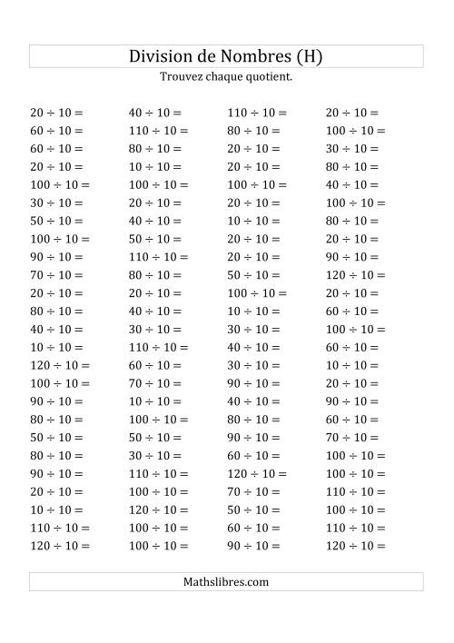 Division de Nombres Par 10 (Quotient 1 - 12) (H)