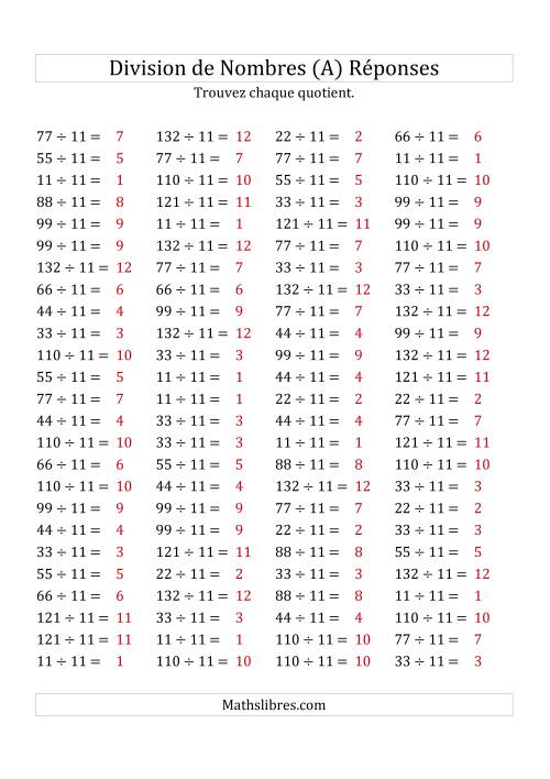 Division de Nombres Par 11 (Quotient 1 - 12) (A) page 2