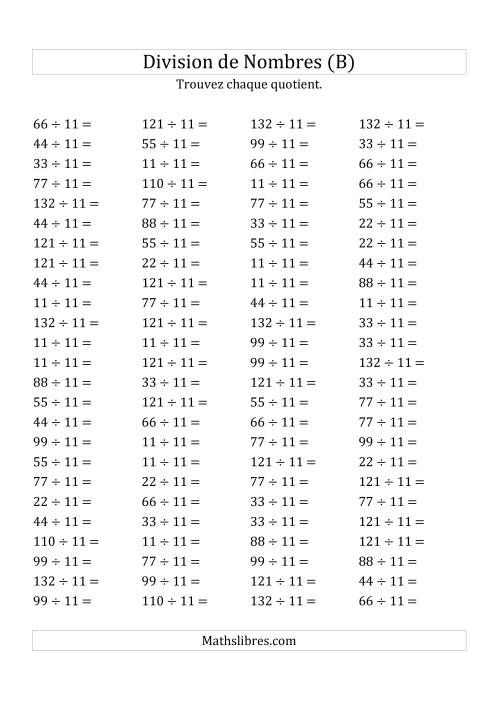 Division de Nombres Par 11 (Quotient 1 - 12) (B)