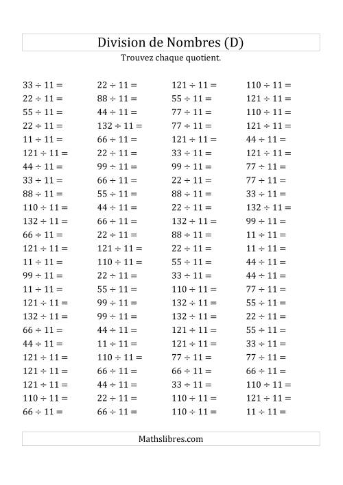 Division de Nombres Par 11 (Quotient 1 - 12) (D)