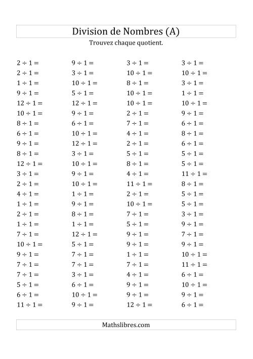 Division de Nombres Par 1 (Quotient 1 - 12) (A)