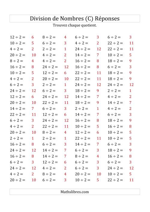 Division de Nombres Par 2 (Quotient 1 - 12) (C) page 2