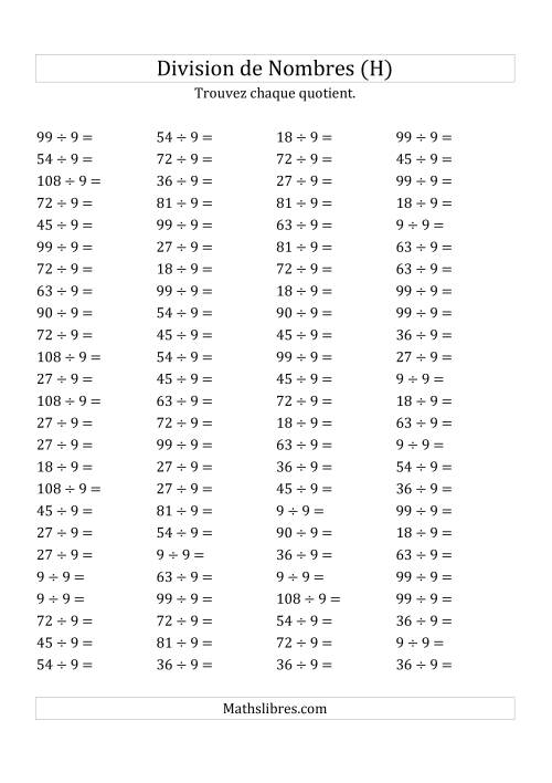 Division de Nombres Par 9 (Quotient 1 - 12) (H)