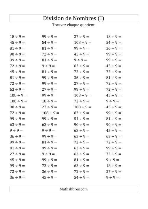 Division de Nombres Par 9 (Quotient 1 - 12) (I)