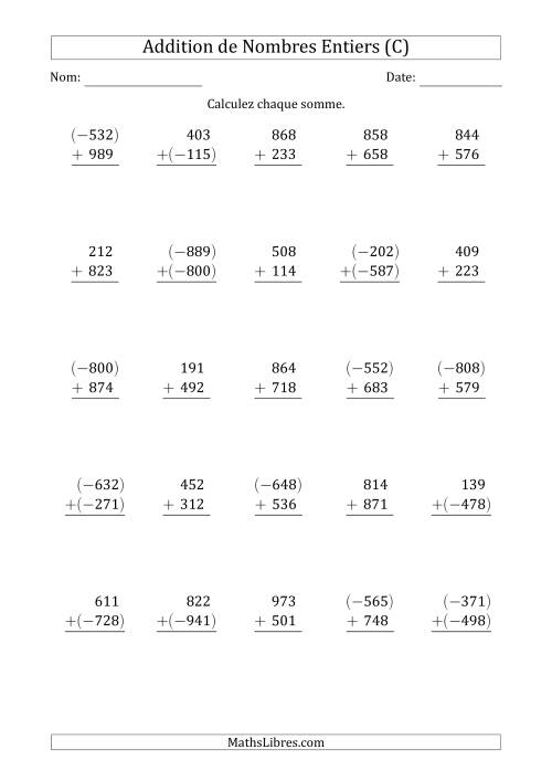 Addition de Nombres Entiers à 3 Chiffres (Arrangés Verticalement) (C)