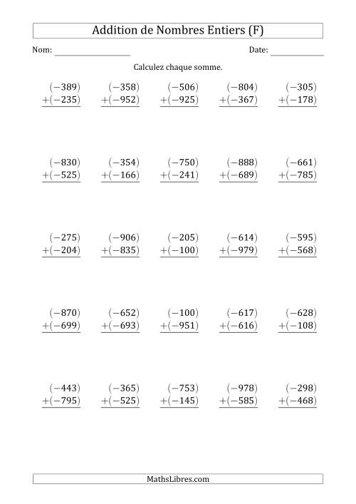 Addition d'un Entier Négatif à 3 Chiffres par un Entier Négatif (Arrangés Verticalement) (F)