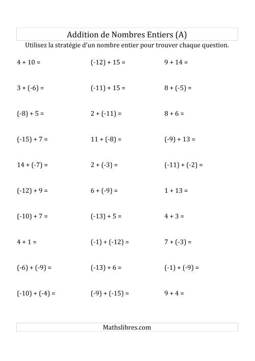 Addition de Nombres Entiers de (-15) à (+15) (Parenthèses sur les Nombres Négatifs) (A)