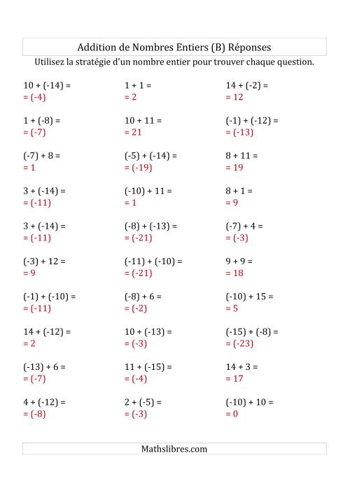 Addition de Nombres Entiers de (-15) à (+15) (Parenthèses sur les Nombres Négatifs) (B) page 2