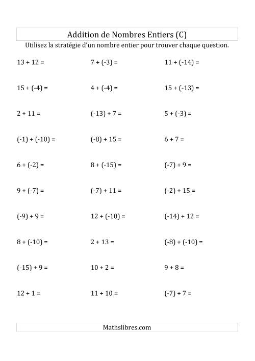 Addition de Nombres Entiers de (-15) à (+15) (Parenthèses sur les Nombres Négatifs) (C)