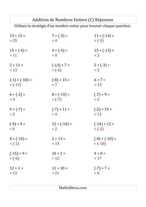 Addition de Nombres Entiers de (-15) à (+15) (Parenthèses sur les Nombres Négatifs) (C) page 2