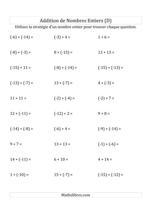 Addition de Nombres Entiers de (-15) à (+15) (Parenthèses sur les Nombres Négatifs) (D)