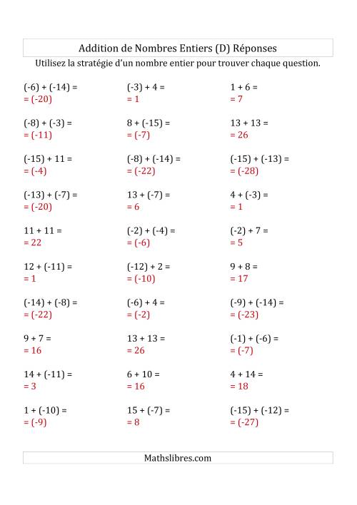 Addition de Nombres Entiers de (-15) à (+15) (Parenthèses sur les Nombres Négatifs) (D) page 2