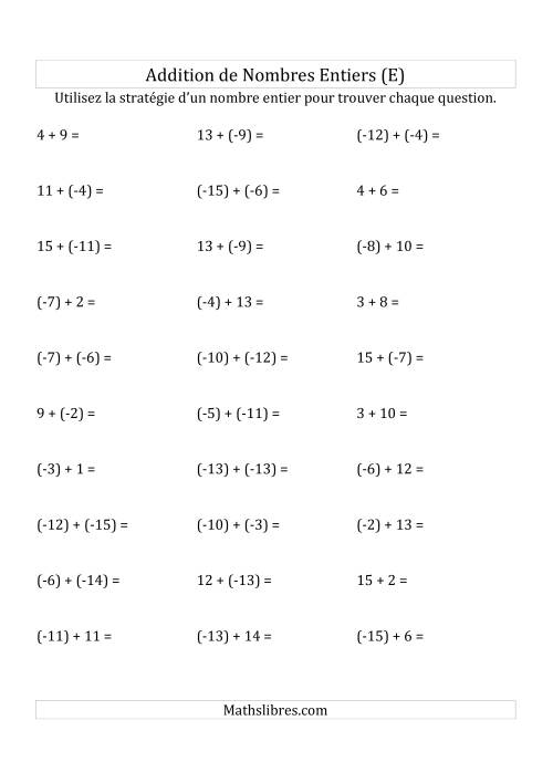 Addition de Nombres Entiers de (-15) à (+15) (Parenthèses sur les Nombres Négatifs) (E)