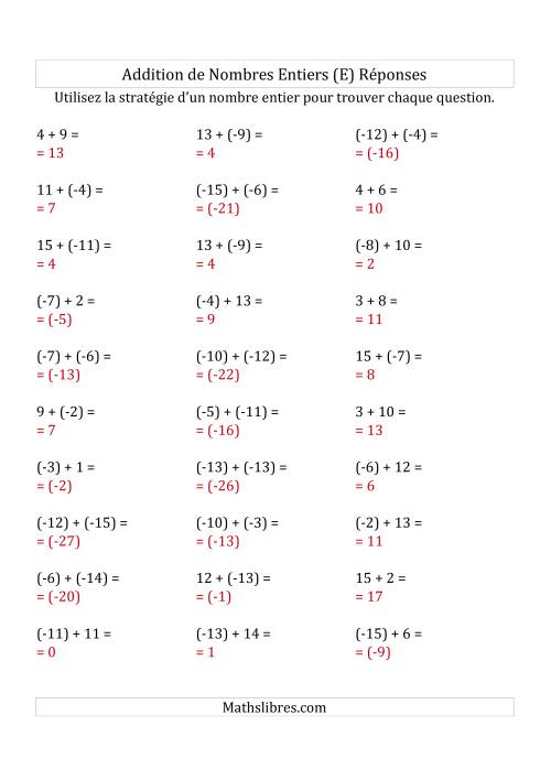 Addition de Nombres Entiers de (-15) à (+15) (Parenthèses sur les Nombres Négatifs) (E) page 2