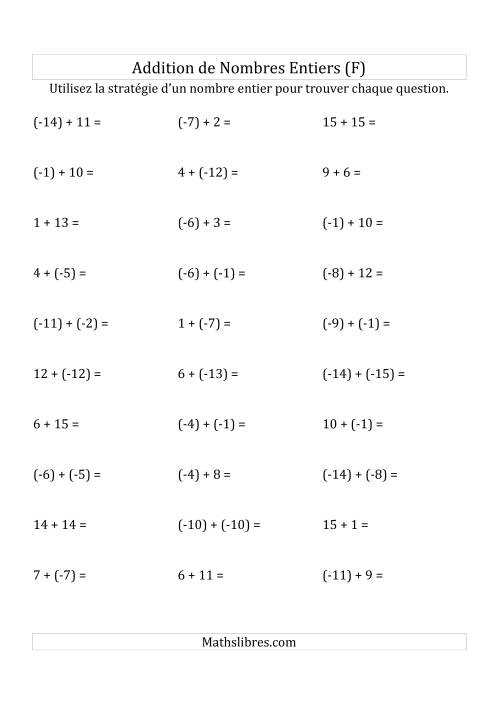 Addition de Nombres Entiers de (-15) à (+15) (Parenthèses sur les Nombres Négatifs) (F)