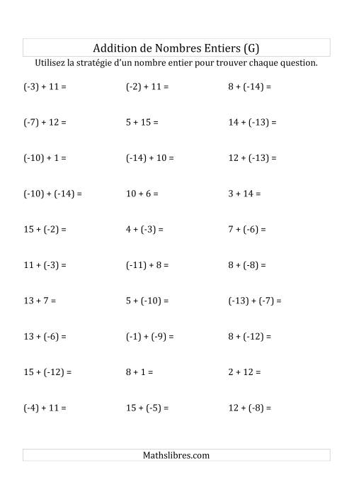 Addition de Nombres Entiers de (-15) à (+15) (Parenthèses sur les Nombres Négatifs) (G)
