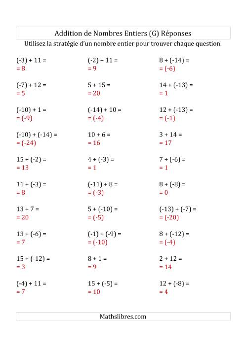 Addition de Nombres Entiers de (-15) à (+15) (Parenthèses sur les Nombres Négatifs) (G) page 2