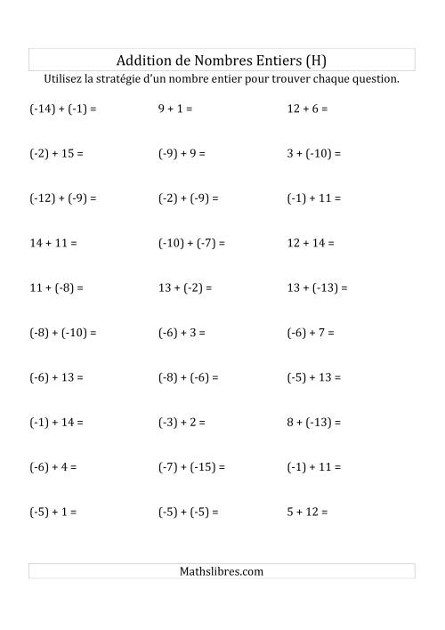 Addition de Nombres Entiers de (-15) à (+15) (Parenthèses sur les Nombres Négatifs) (H)