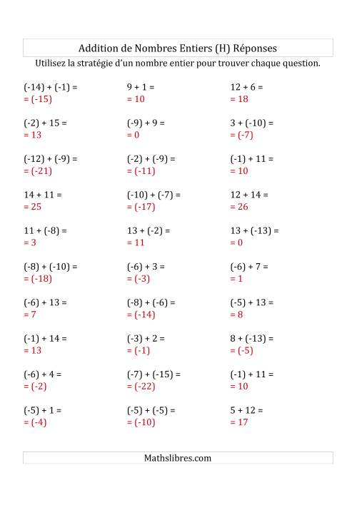 Addition de Nombres Entiers de (-15) à (+15) (Parenthèses sur les Nombres Négatifs) (H) page 2