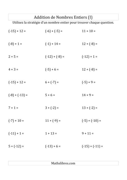 Addition de Nombres Entiers de (-15) à (+15) (Parenthèses sur les Nombres Négatifs) (I)