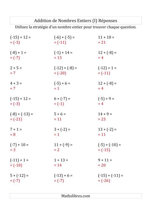 Addition de Nombres Entiers de (-15) à (+15) (Parenthèses sur les Nombres Négatifs) (I) page 2