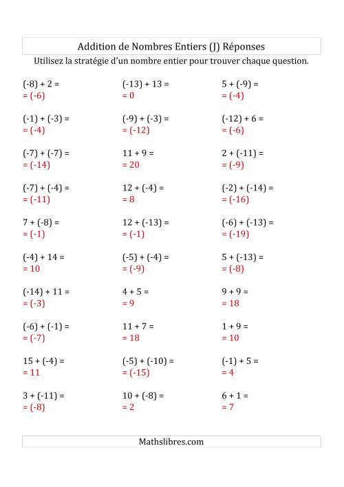 Addition de Nombres Entiers de (-15) à (+15) (Parenthèses sur les Nombres Négatifs) (J) page 2
