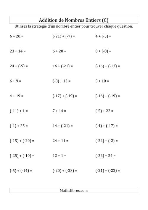 Addition de Nombres Entiers de (-25) à (+25) (Parenthèses sur les Nombres Négatifs) (C)