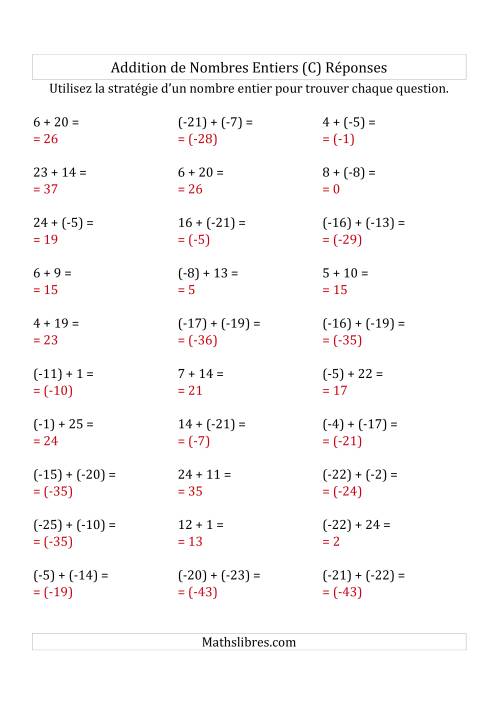 Addition de Nombres Entiers de (-25) à (+25) (Parenthèses sur les Nombres Négatifs) (C) page 2