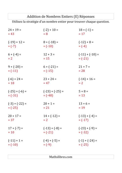 Addition de Nombres Entiers de (-25) à (+25) (Parenthèses sur les Nombres Négatifs) (E) page 2