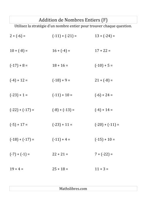 Addition de Nombres Entiers de (-25) à (+25) (Parenthèses sur les Nombres Négatifs) (F)