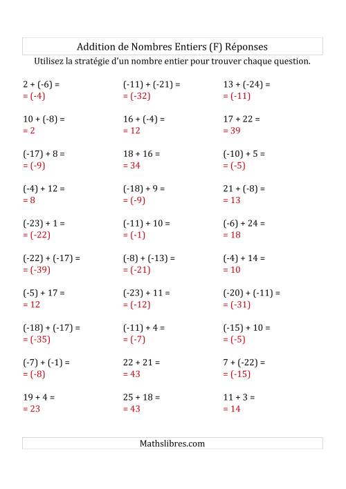 Addition de Nombres Entiers de (-25) à (+25) (Parenthèses sur les Nombres Négatifs) (F) page 2