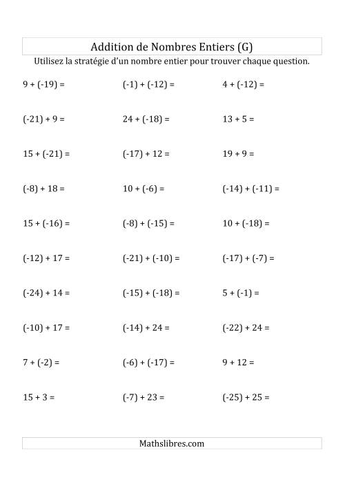 Addition de Nombres Entiers de (-25) à (+25) (Parenthèses sur les Nombres Négatifs) (G)