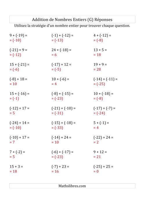 Addition de Nombres Entiers de (-25) à (+25) (Parenthèses sur les Nombres Négatifs) (G) page 2