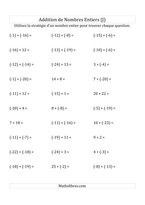 Addition de Nombres Entiers de (-25) à (+25) (Parenthèses sur les Nombres Négatifs) (J)