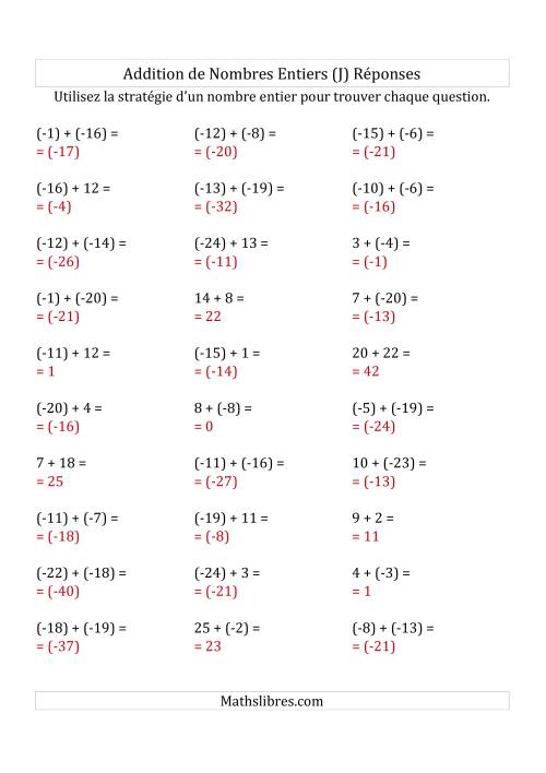 Addition de Nombres Entiers de (-25) à (+25) (Parenthèses sur les Nombres Négatifs) (J) page 2