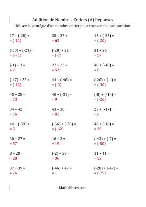 Addition de Nombres Entiers de (-50) à (+50) (Parenthèses sur les Nombres Négatifs) (A) page 2