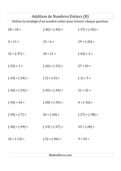 Addition de Nombres Entiers de (-50) à (+50) (Parenthèses sur les Nombres Négatifs) (B)