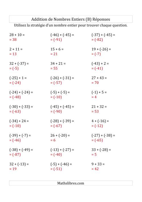 Addition de Nombres Entiers de (-50) à (+50) (Parenthèses sur les Nombres Négatifs) (B) page 2