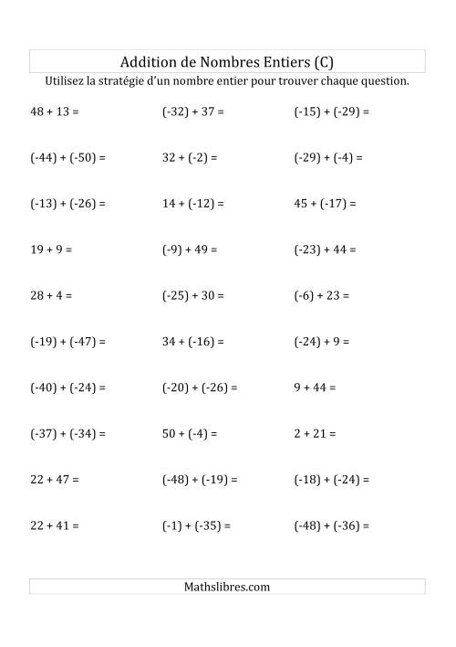 Addition de Nombres Entiers de (-50) à (+50) (Parenthèses sur les Nombres Négatifs) (C)
