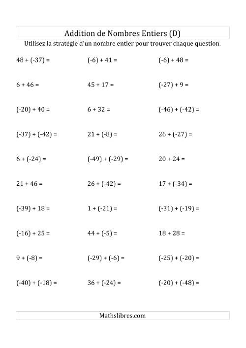 Addition de Nombres Entiers de (-50) à (+50) (Parenthèses sur les Nombres Négatifs) (D)