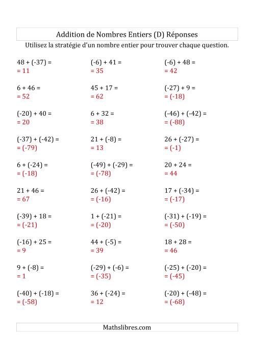 Addition de Nombres Entiers de (-50) à (+50) (Parenthèses sur les Nombres Négatifs) (D) page 2