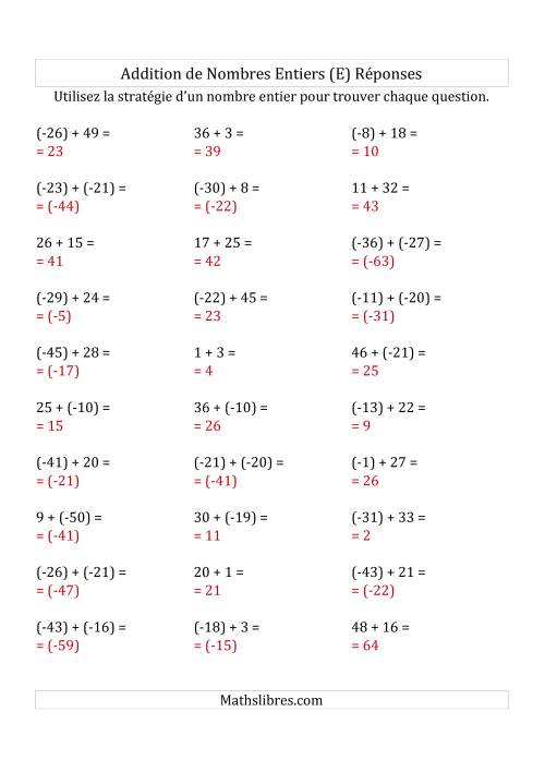 Addition de Nombres Entiers de (-50) à (+50) (Parenthèses sur les Nombres Négatifs) (E) page 2