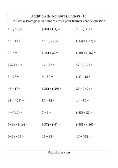 Addition de Nombres Entiers de (-50) à (+50) (Parenthèses sur les Nombres Négatifs) (F)