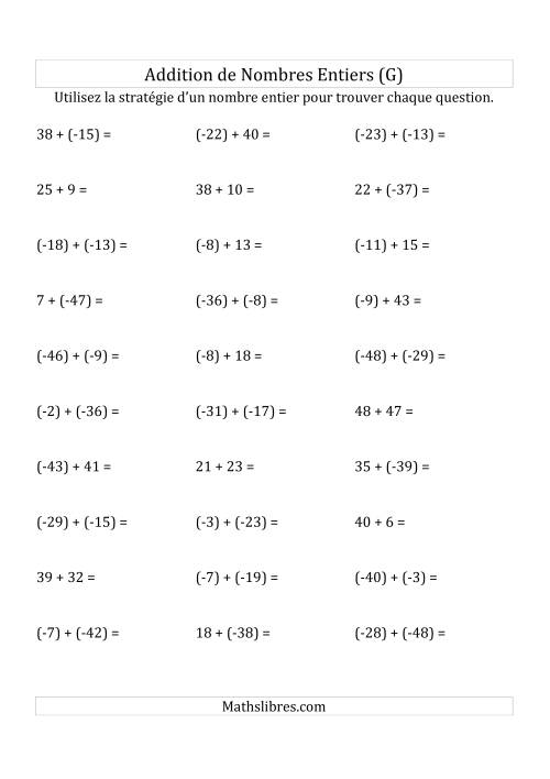 Addition de Nombres Entiers de (-50) à (+50) (Parenthèses sur les Nombres Négatifs) (G)