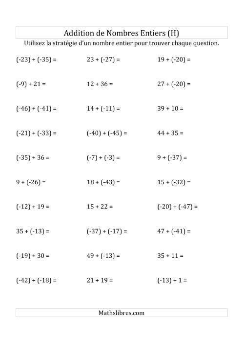 Addition de Nombres Entiers de (-50) à (+50) (Parenthèses sur les Nombres Négatifs) (H)