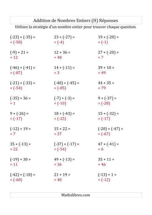 Addition de Nombres Entiers de (-50) à (+50) (Parenthèses sur les Nombres Négatifs) (H) page 2